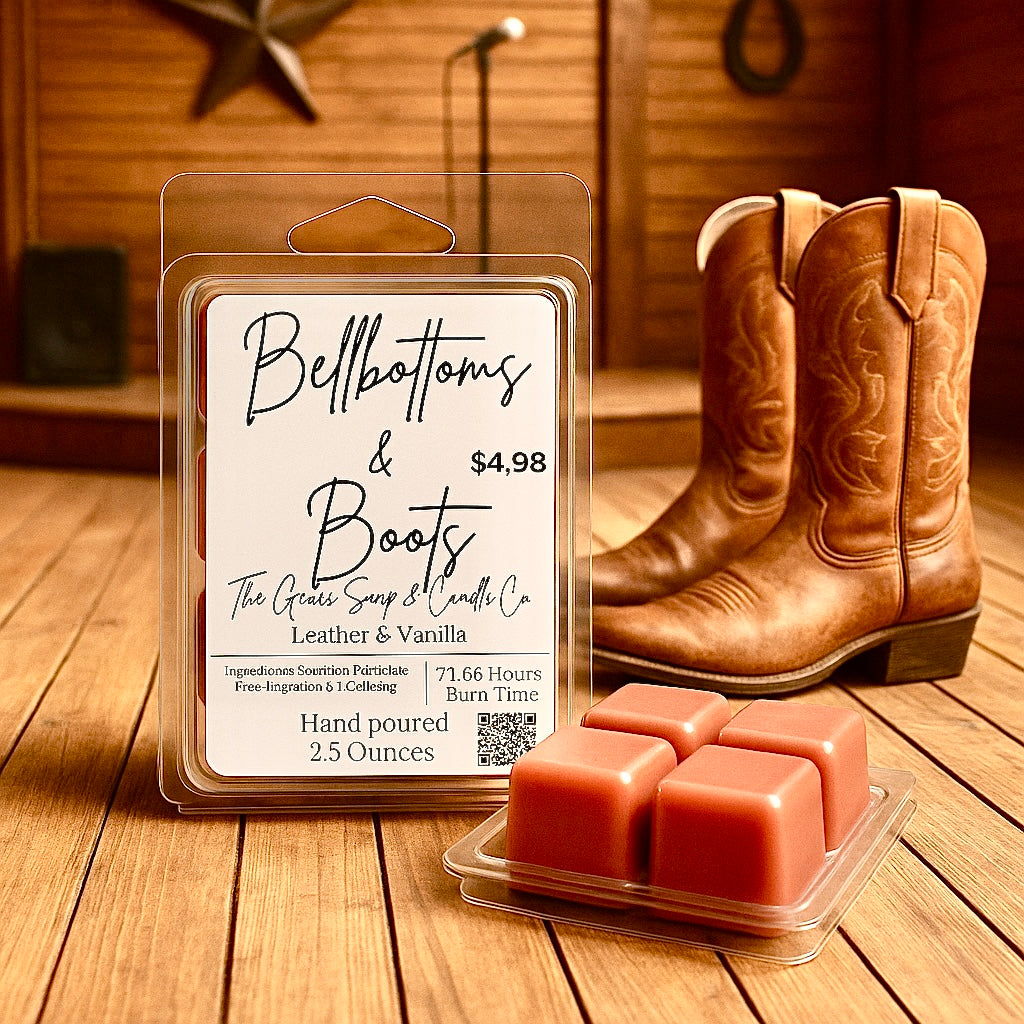 Wax melts packaging with 'Bellbottoms & Boots' branding on a wooden surface with cowboy boots. Shows the hand poured nature and size of 2.5 ounces