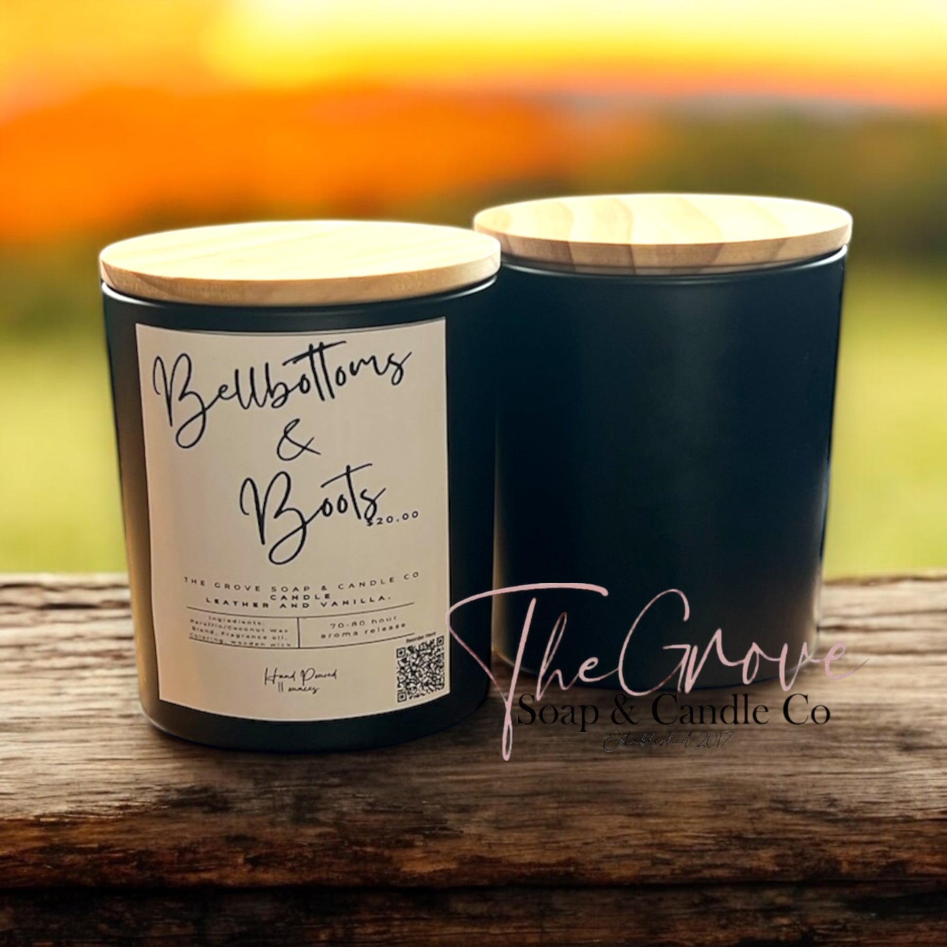 Bellbottoms & Boots artesian candle showing the western theme background of this leather, spicy vanilla, cinnamon, nutmeg product