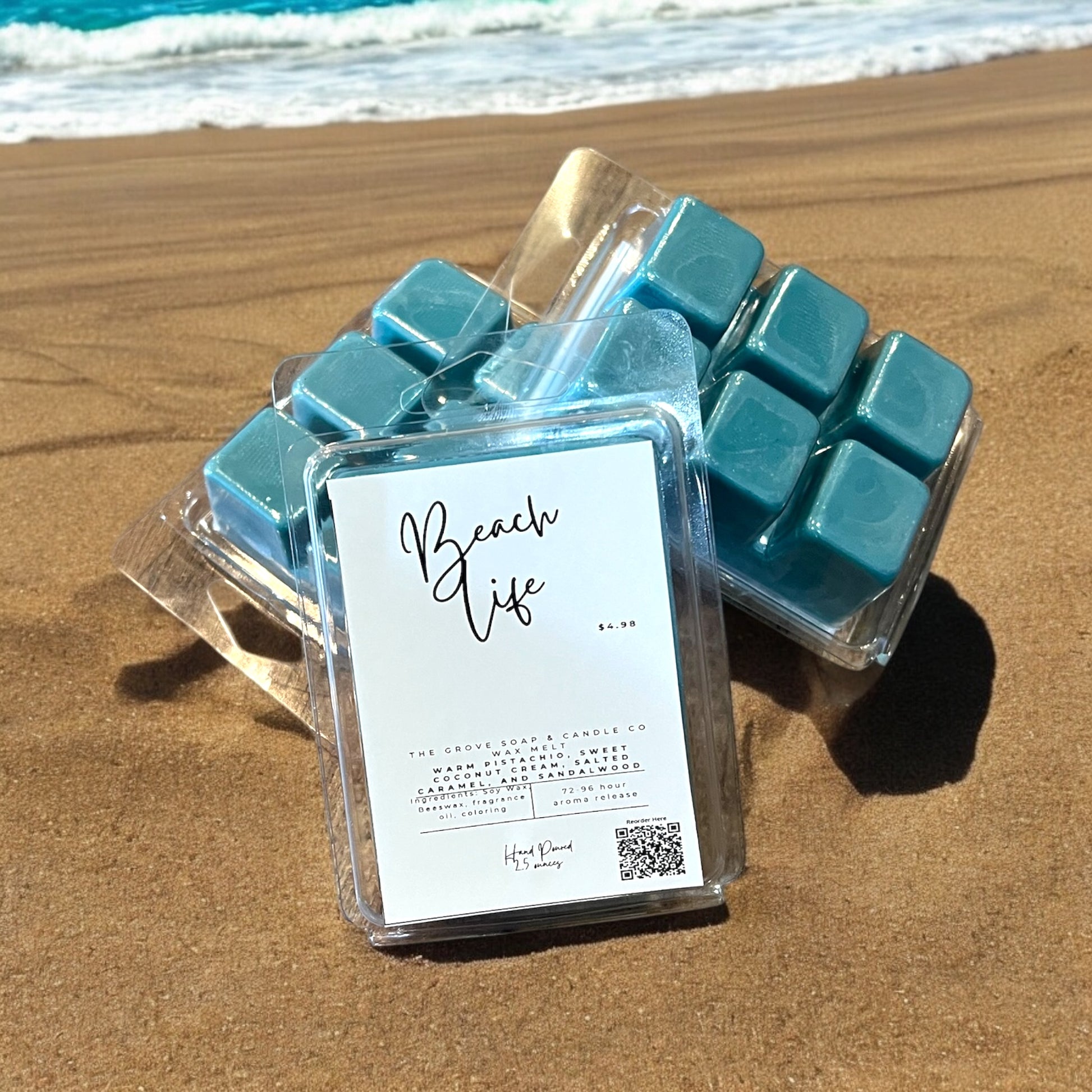 Beach Life 2.5 ounce flameless home fragrance depicting the beach aroma of pistachios and coconut cream