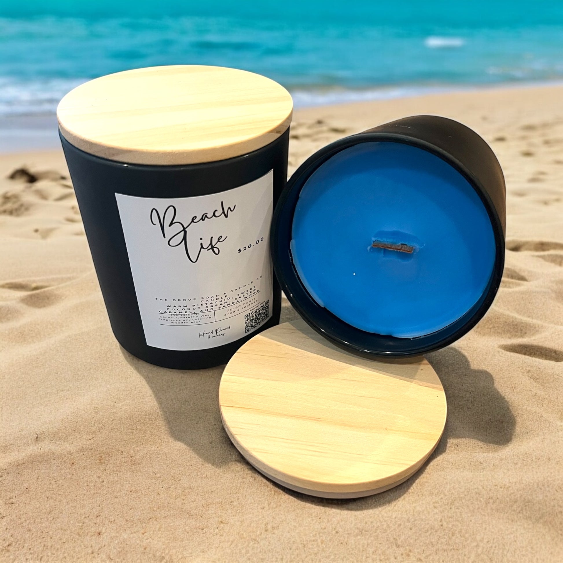 Beach Life artesian candle showing the beach theme of this pistachio and coconut cream product