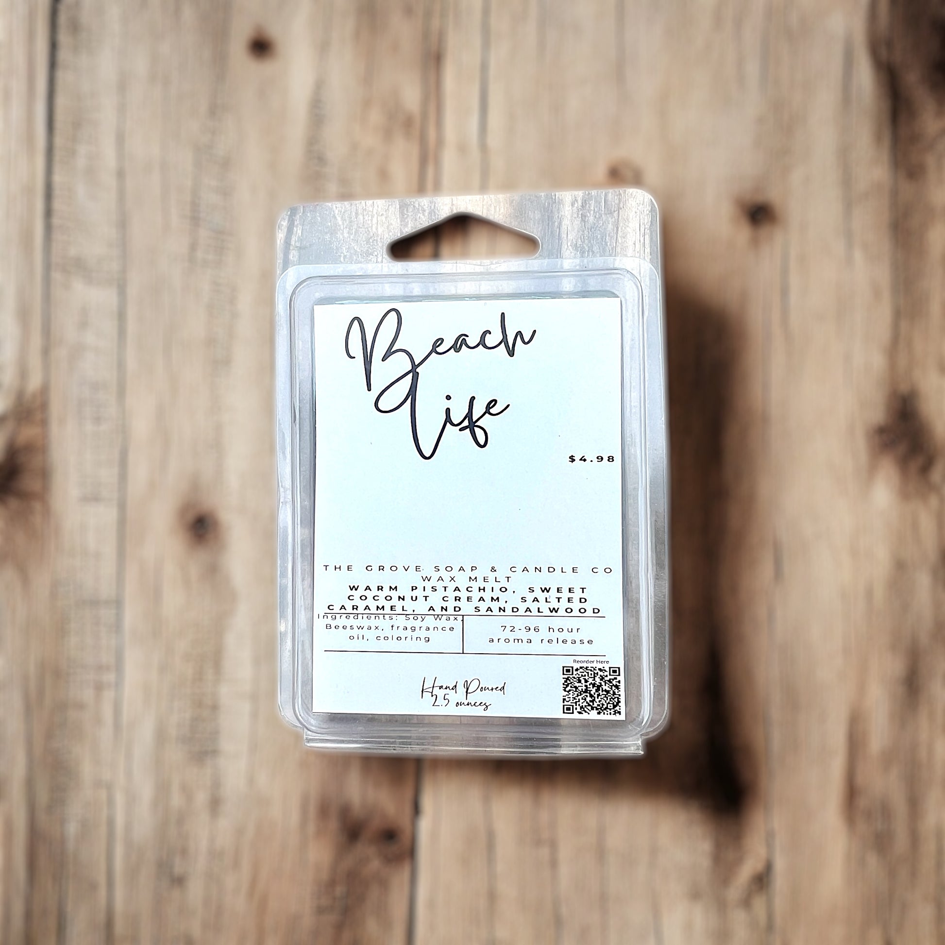 Beach Life soy/beeswax melt showcasing the 6 cube clamshell and branding from The Grove Soap and Candle Co