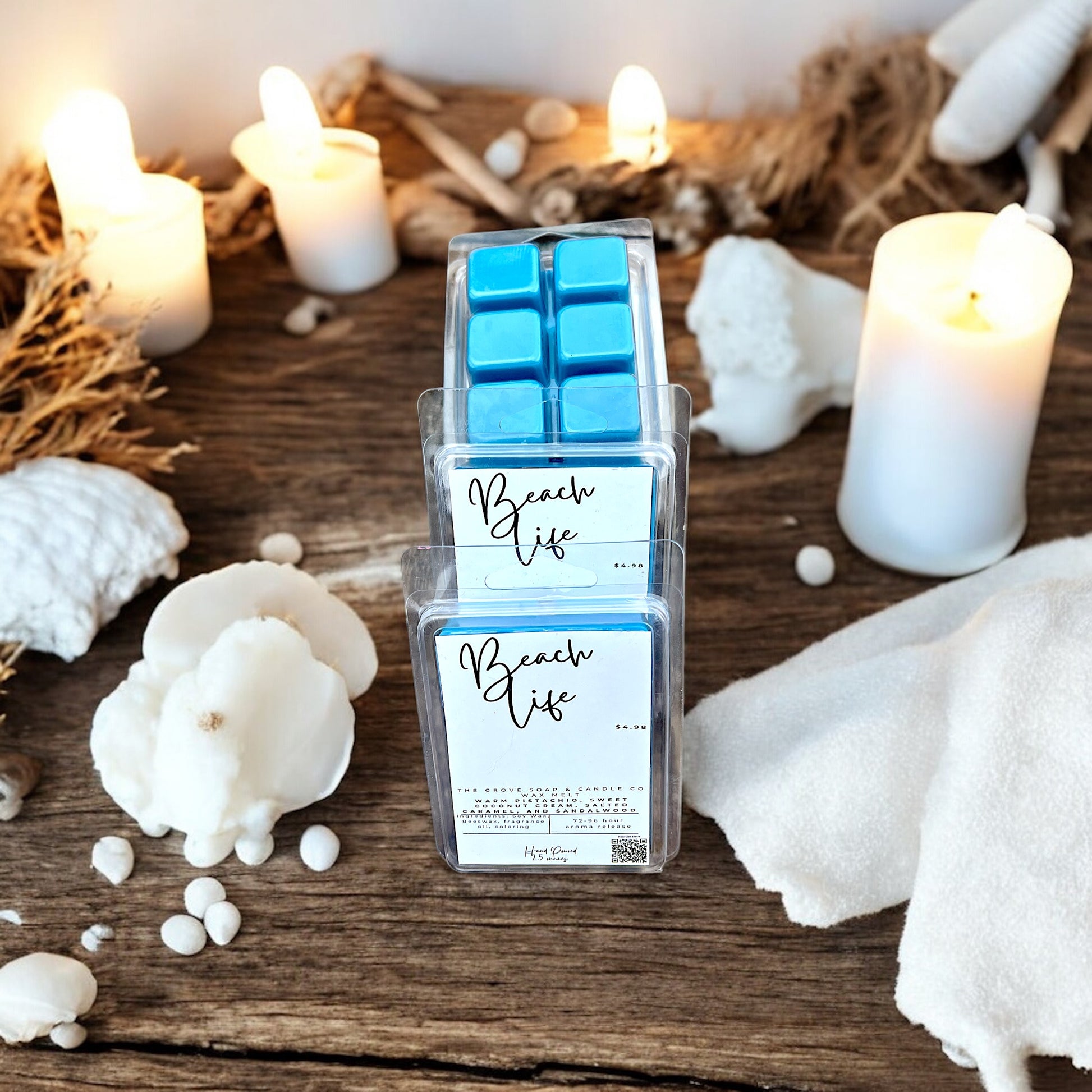 Beach Life seasonal scent showing the tropical blue color of these natural wax tarts in a cozy home.