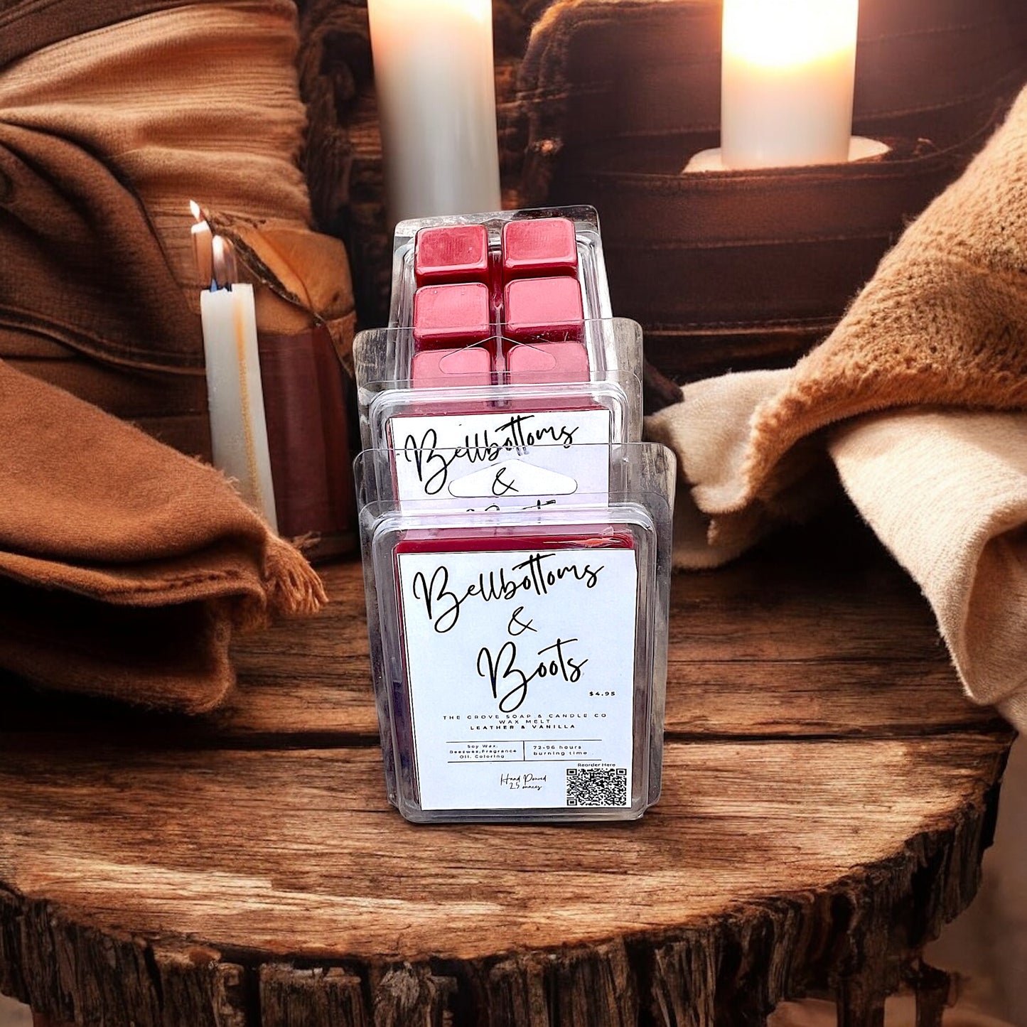 Bellbottoms and Boots wax melts styled with leather and cozy candles for rustic western vibe