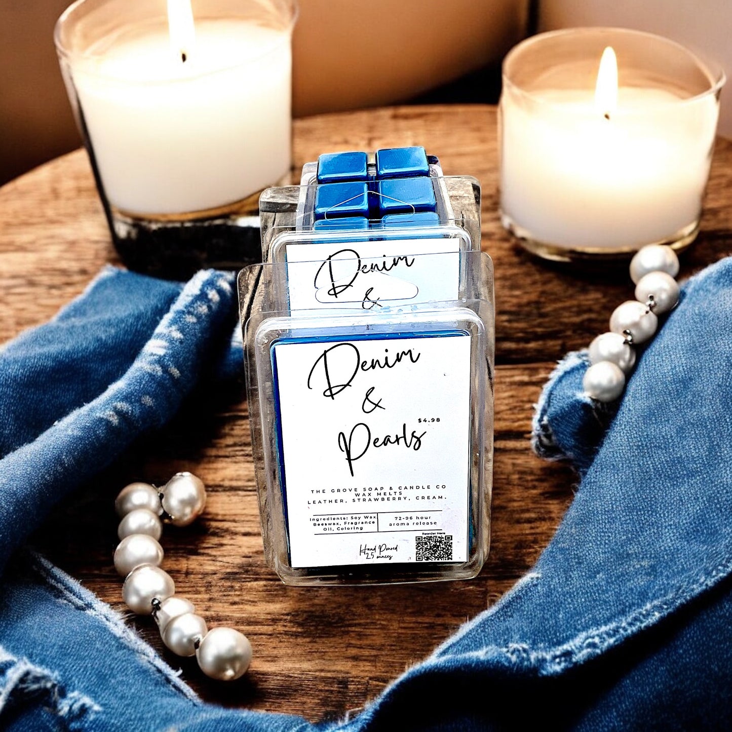Denim & Pearls western scented wax tart showing their denim colored blue and break apart cubes on a wooden table of a cozy home.
