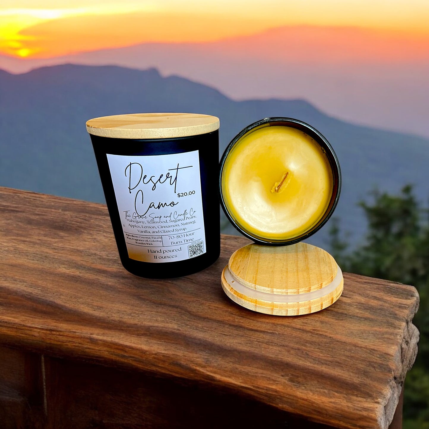 Desert Camo Scented Candle – 11oz Black Ceramic with Wooden Wick – Mahogany, Teakwood, Sugared Pear & Spice – Coconut Paraffin Wax