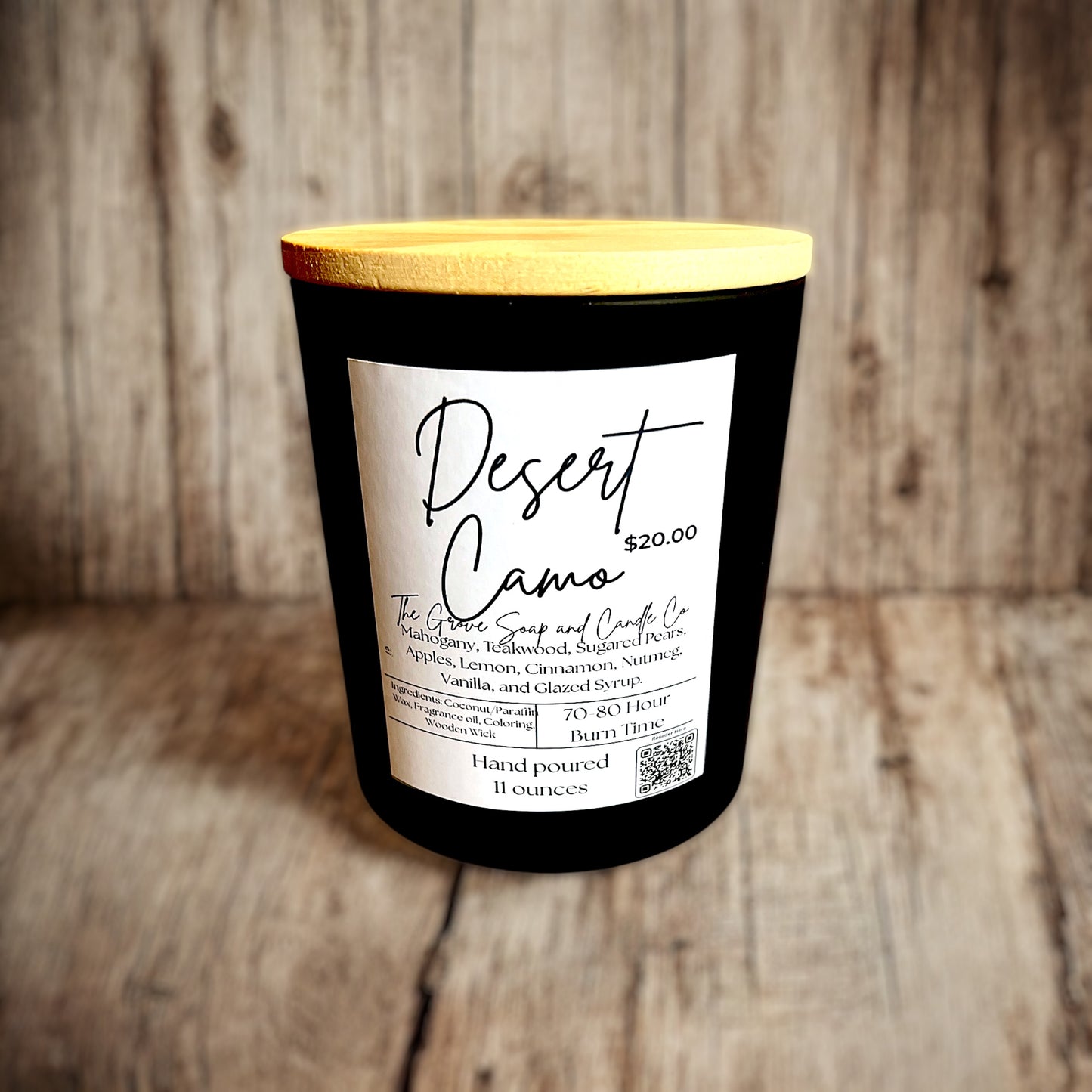 Desert Camo Scented Candle – 11oz Black Ceramic with Wooden Wick – Mahogany, Teakwood, Sugared Pear & Spice – Coconut Paraffin Wax