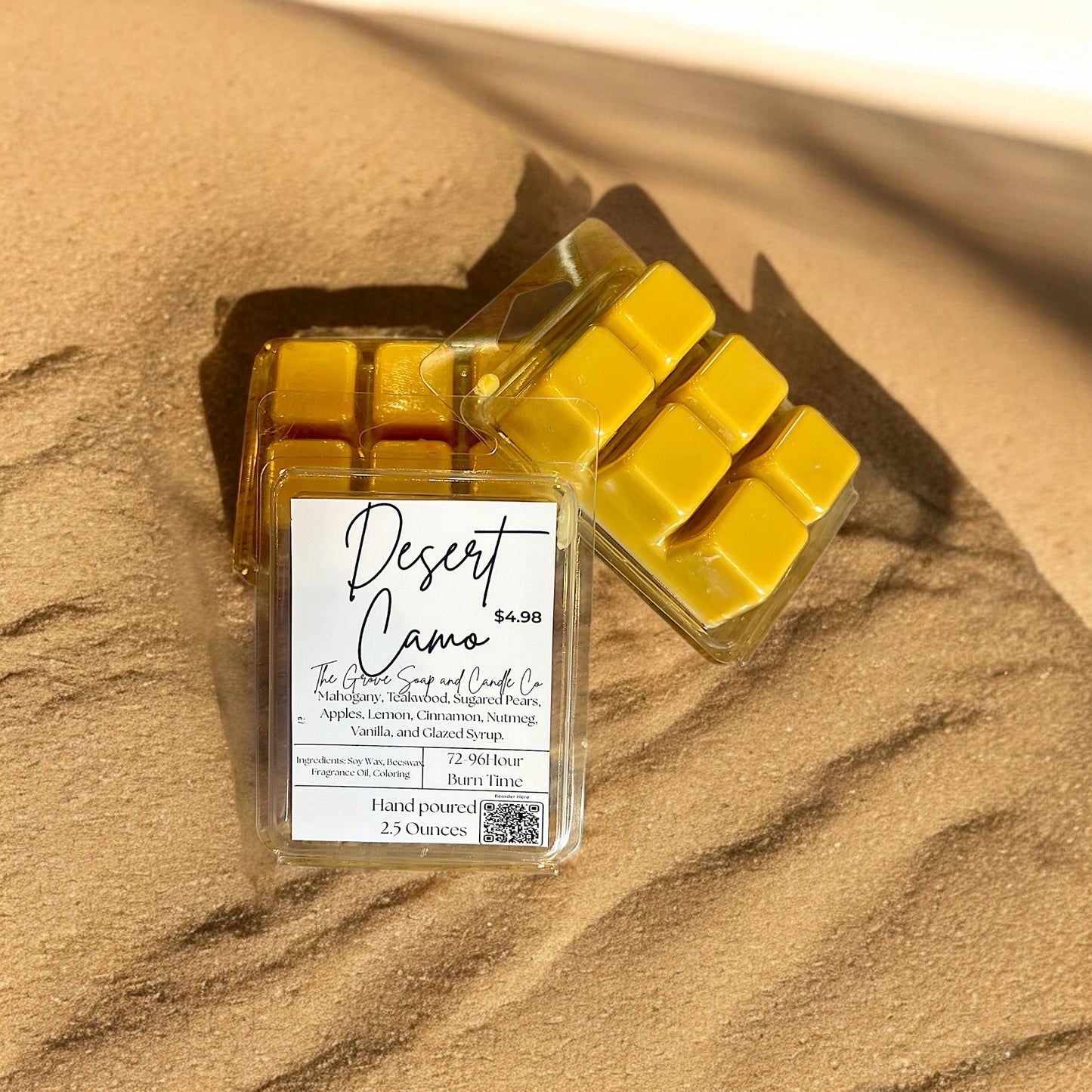 Desert Camo Wax Melts – 2.5oz Soy & Beeswax Blend – Mahogany, Teakwood, Sugared Pear & Spice – 6 Cube Clamshell