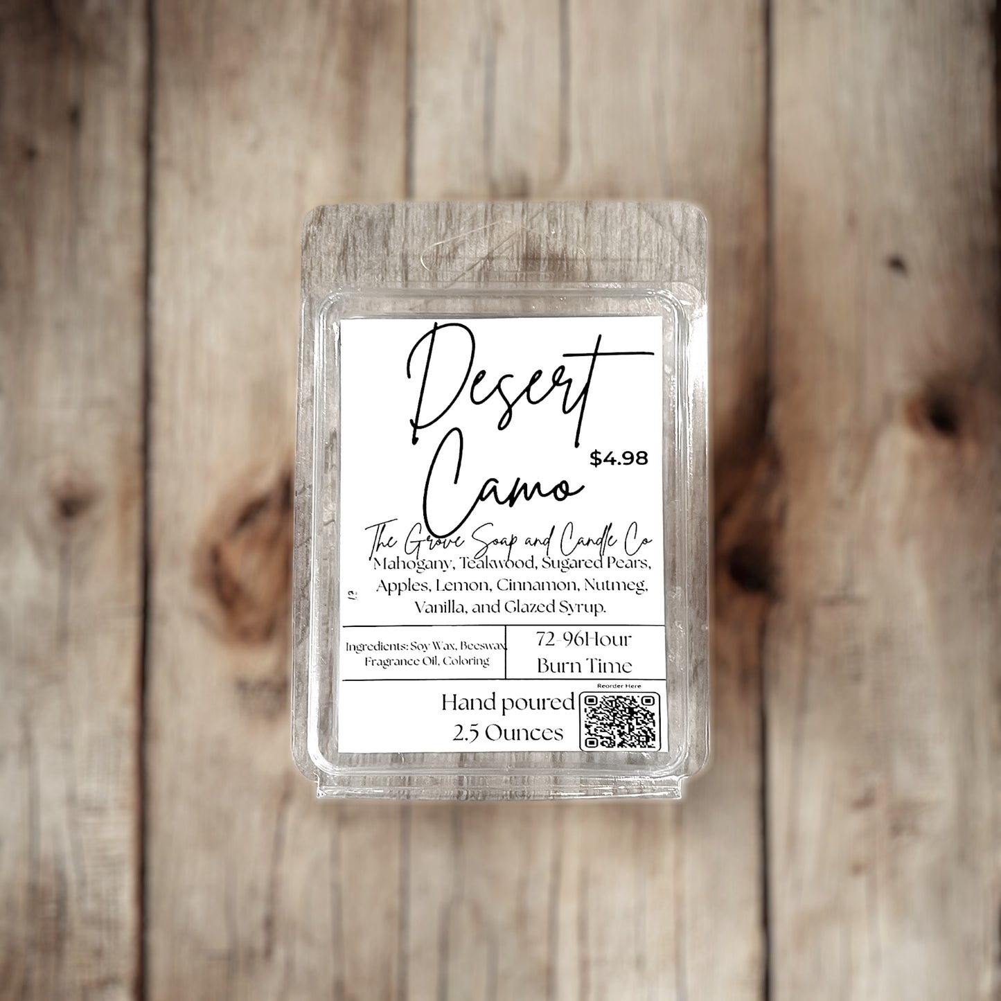 Desert Camo Wax Melts – 2.5oz Soy & Beeswax Blend – Mahogany, Teakwood, Sugared Pear & Spice – 6 Cube Clamshell