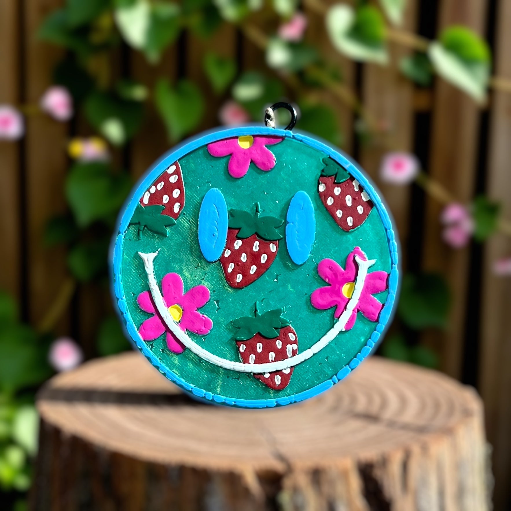 Decorative smiley face with strawberry and flower designs on a wooden stump.