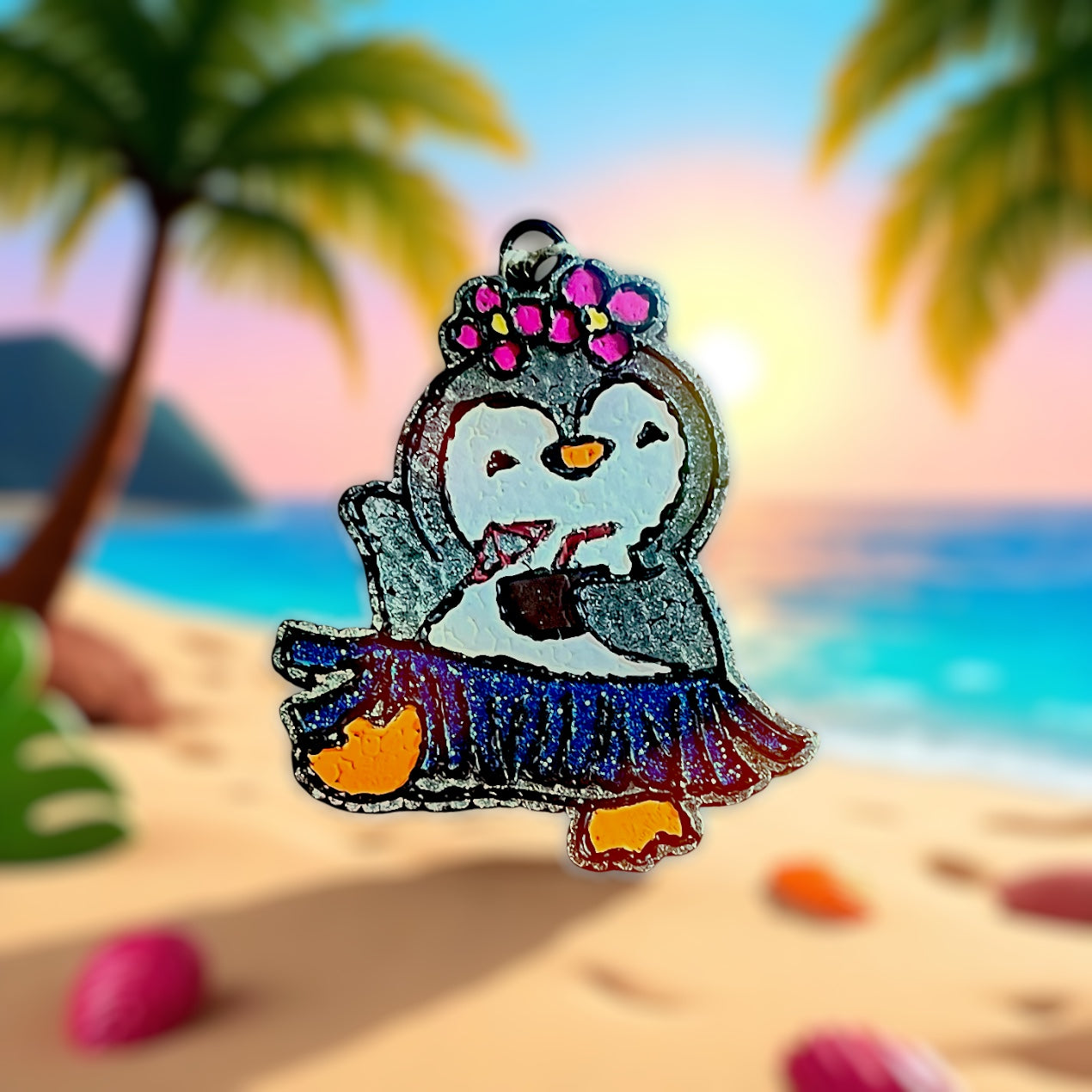 Penguin car decor with a blue glittered hula skirt on a beach background
