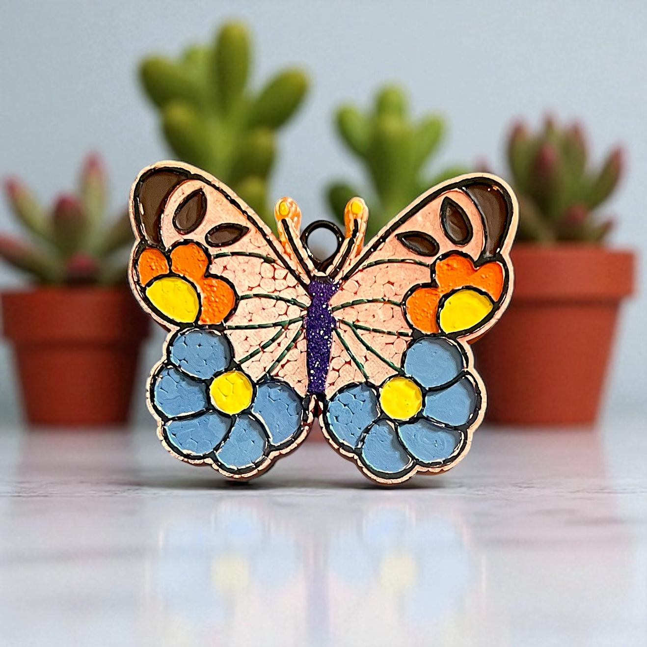 Butterfly Blooms Car Freshie-Hand painted and glittered floral air freshener