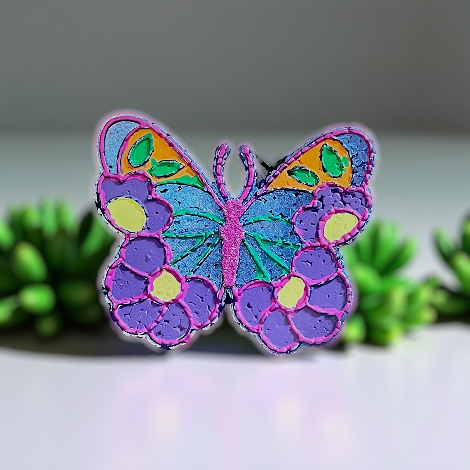 Butterfly Blooms Car Freshie-Hand painted and glittered floral air freshener