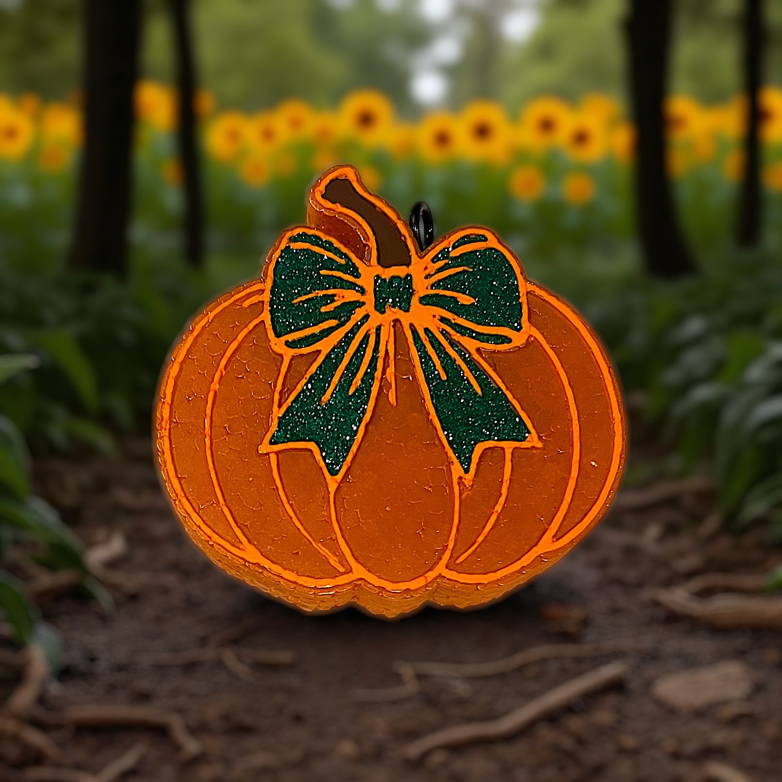 Pumpkin-shaped hand painted car freshie with a green bow in front of sunflower field