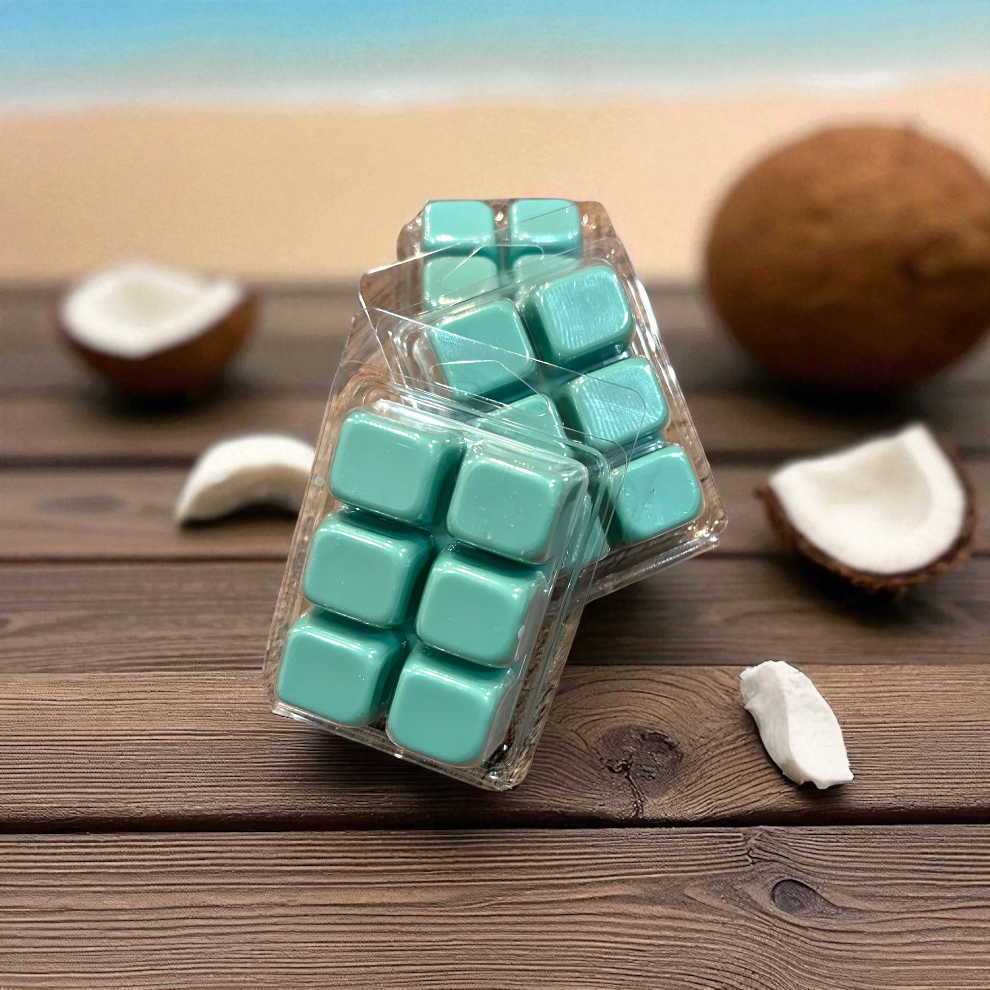 Pack of turquoise wax melts with coconuts on a wooden surface