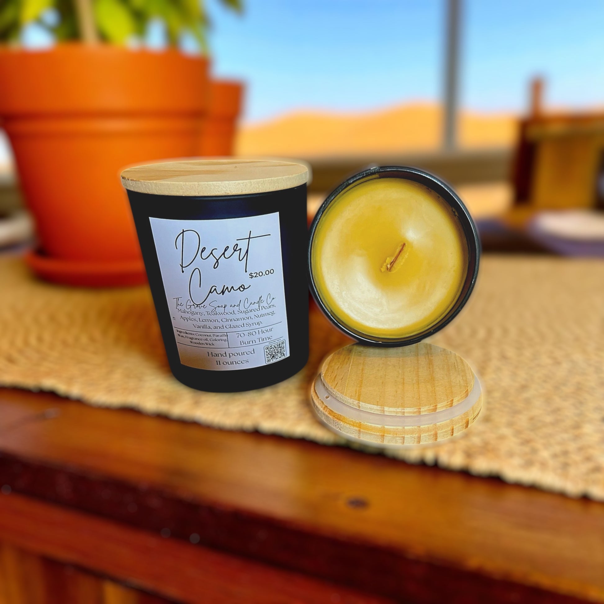 Desert Camo Scented Candle – 11oz Black Ceramic with Wooden Wick – Mahogany, Teakwood, Sugared Pear & Spice – Coconut Paraffin Wax