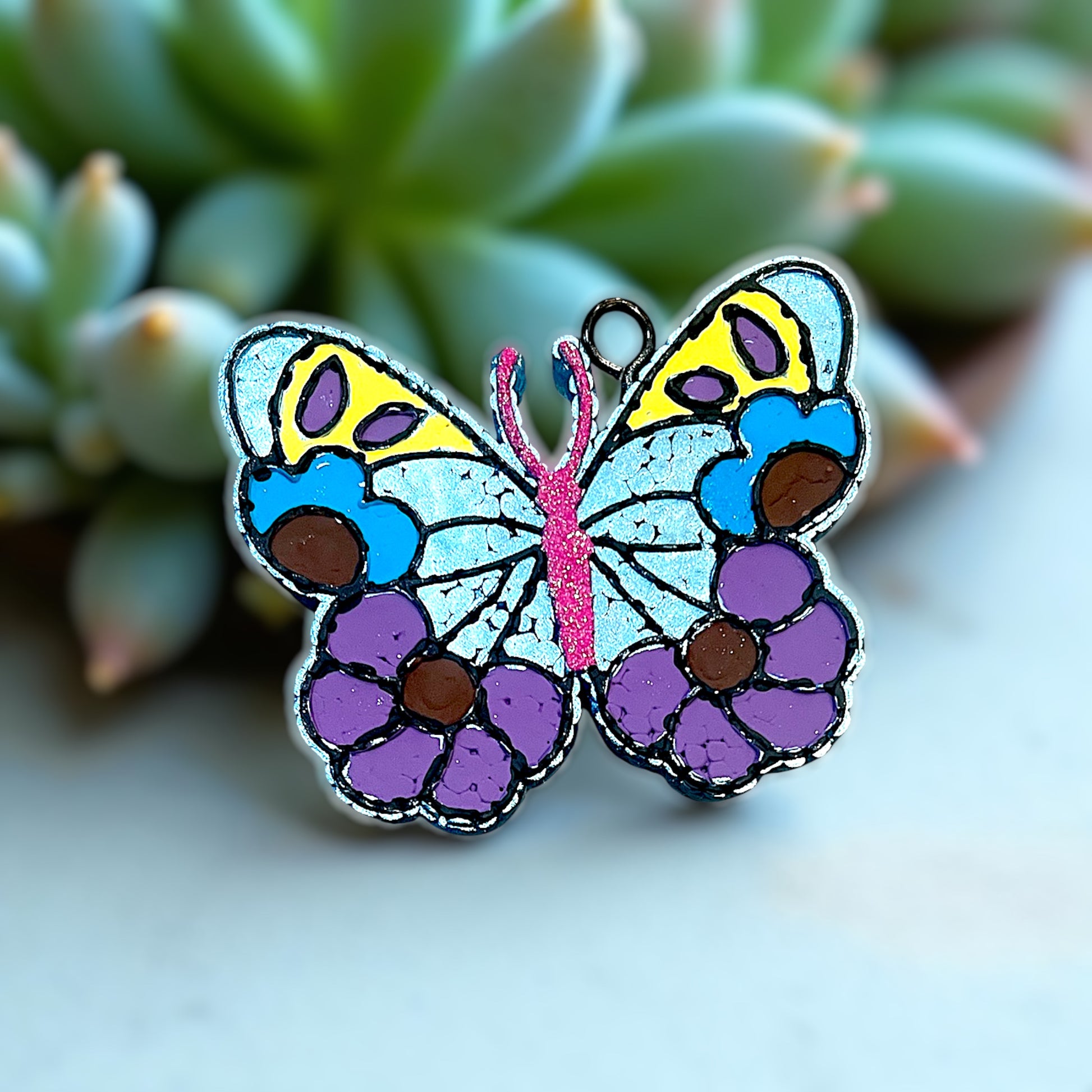 Butterfly Blooms Car Freshie-Hand painted and glittered floral air freshener