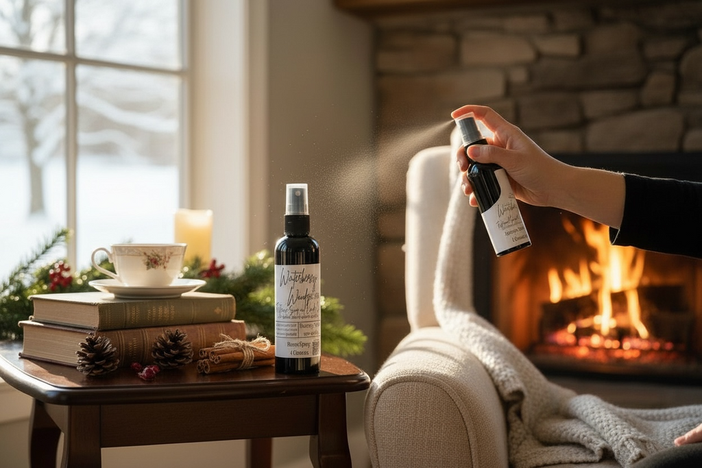 Hand holding a bottle of 'White Wolf' product in front of a cozy living room with a fireplace and Christmas decorations.