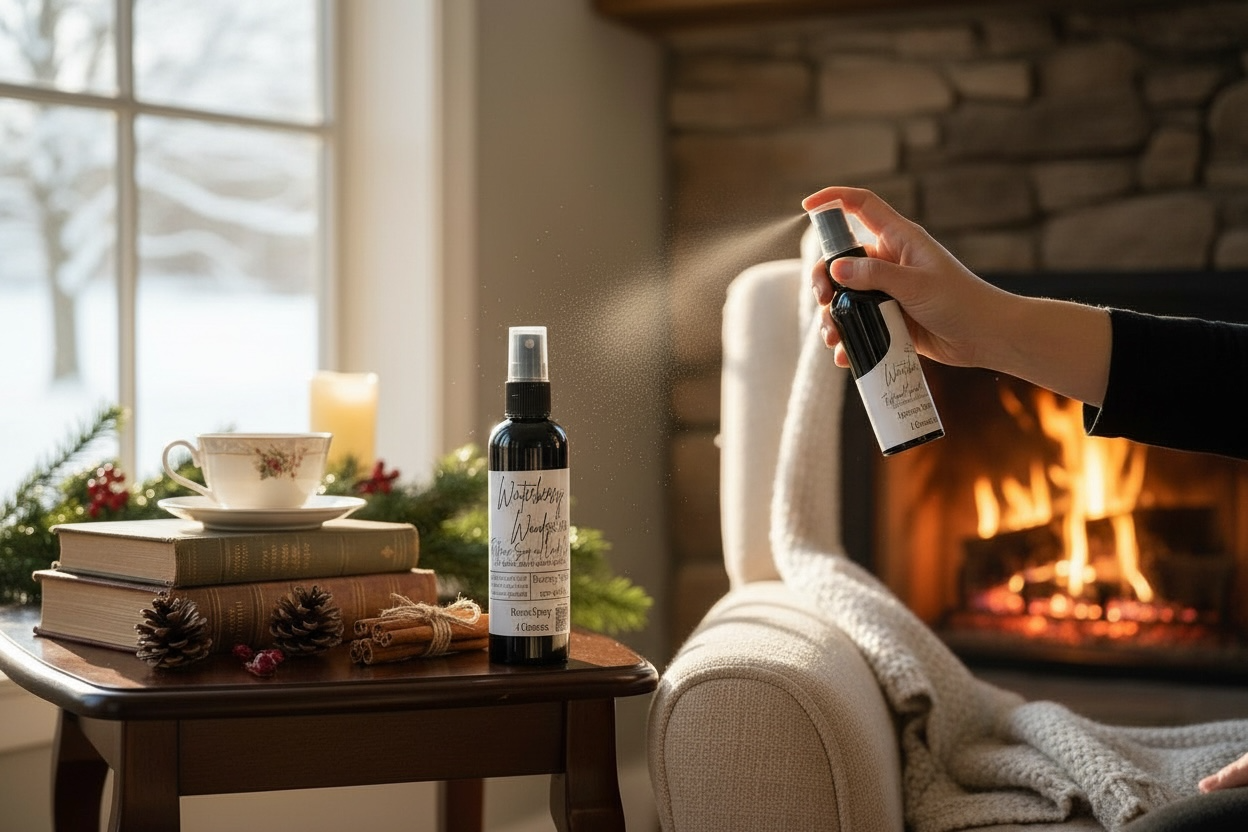 Hand holding a bottle of 'White Wolf' product in front of a cozy living room with a fireplace and Christmas decorations.