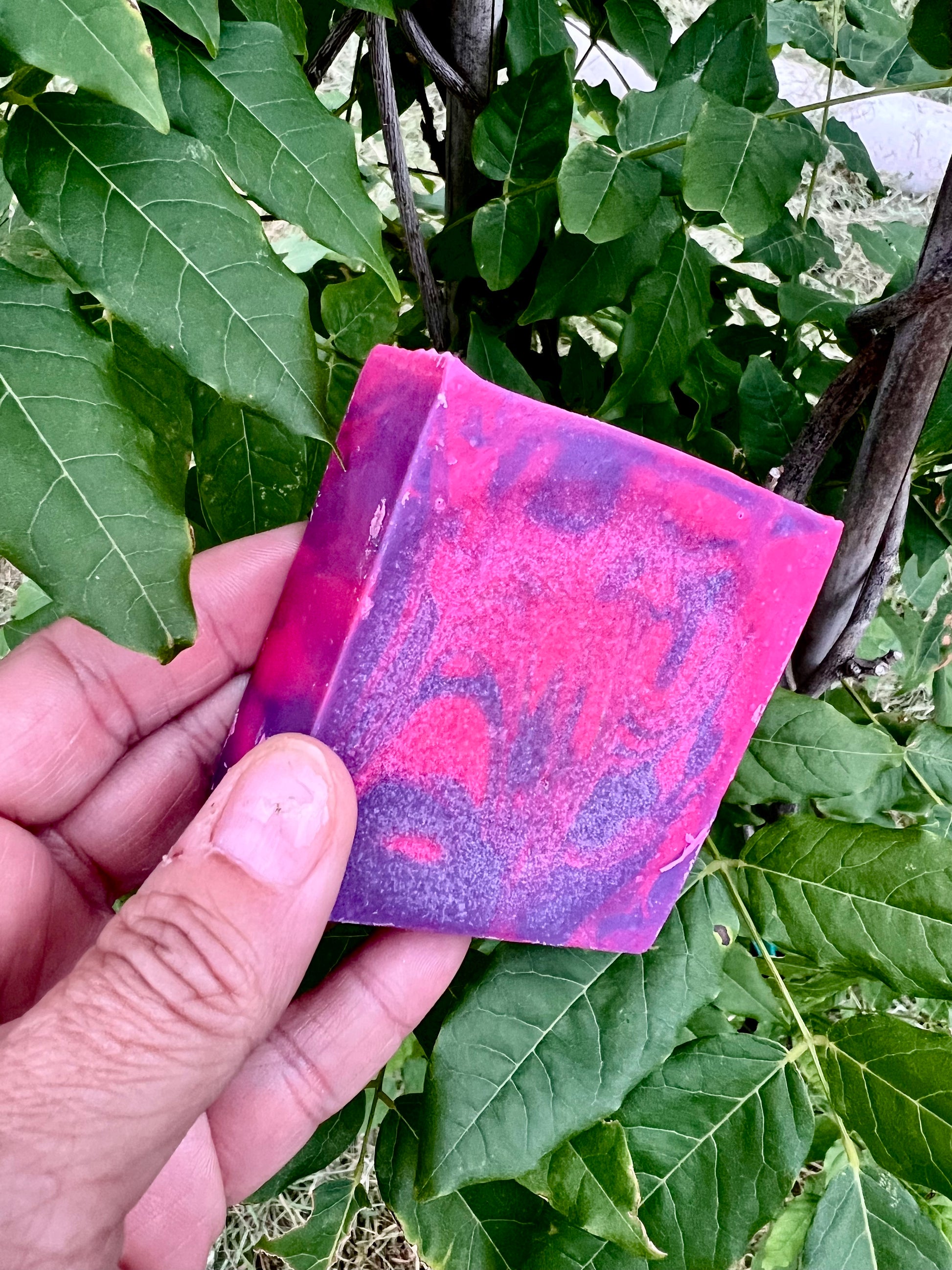 Photo of Petal and Plum natural bar soap depicting the size and thickness. 