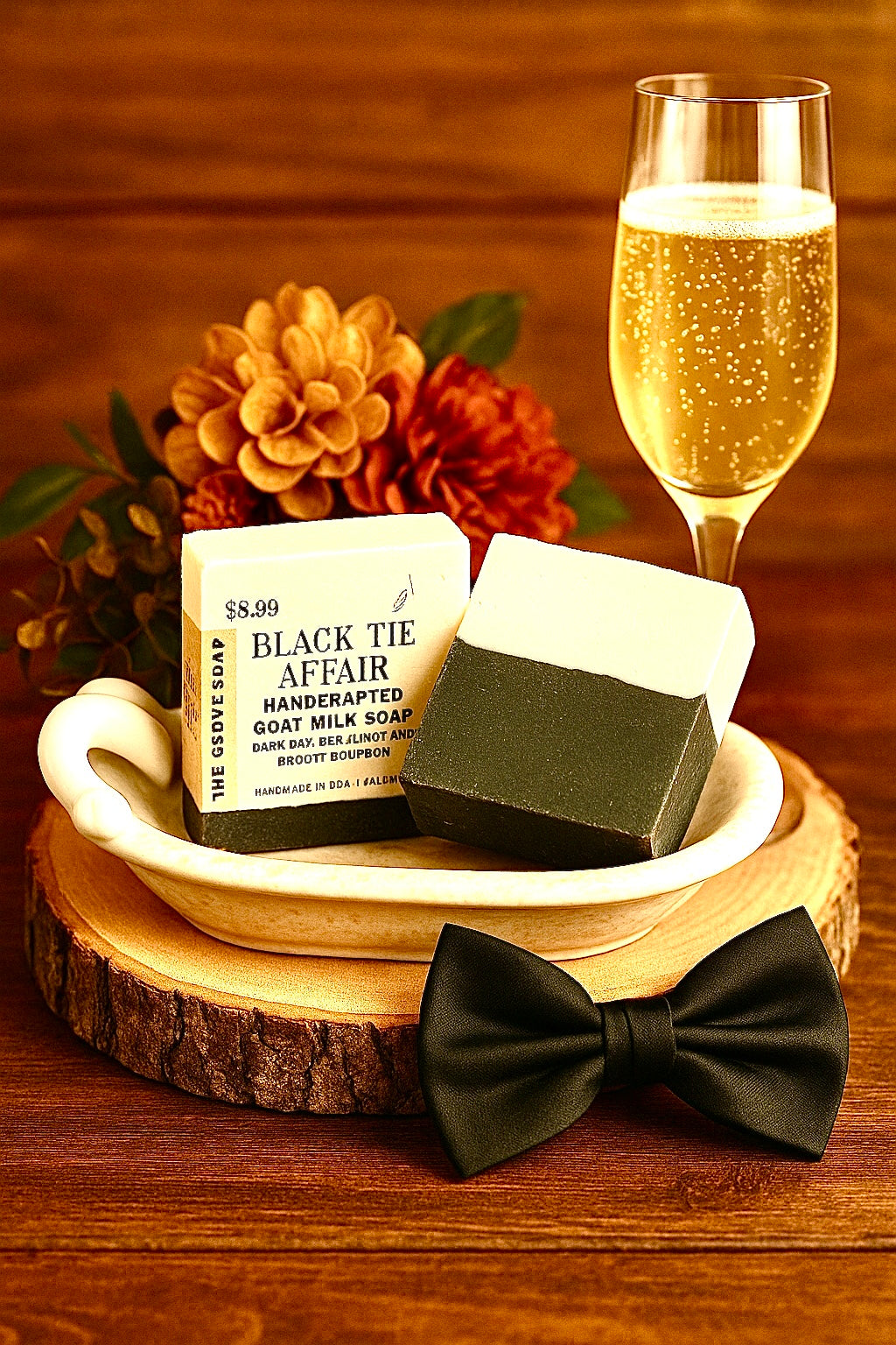 Black Tie Affair soap bar, black bow tie, and glass of champagne on a wooden surface with flowers in the background. 
