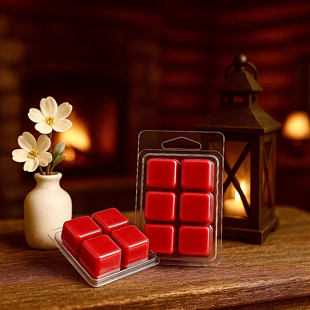 Red wax melts in packaging on a wooden surface with a warm background. A hand crafted blend of soy wax and beeswax. 