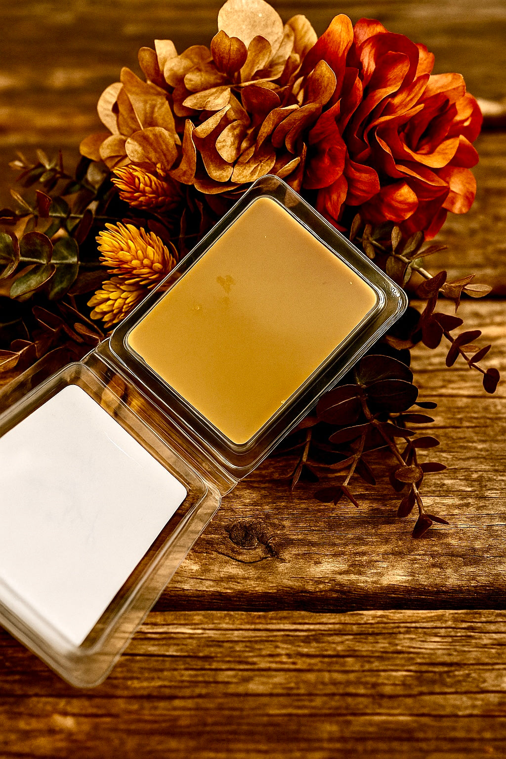 Package of wax melts showing the smooth brown texture of the soy/beeswax blend. 