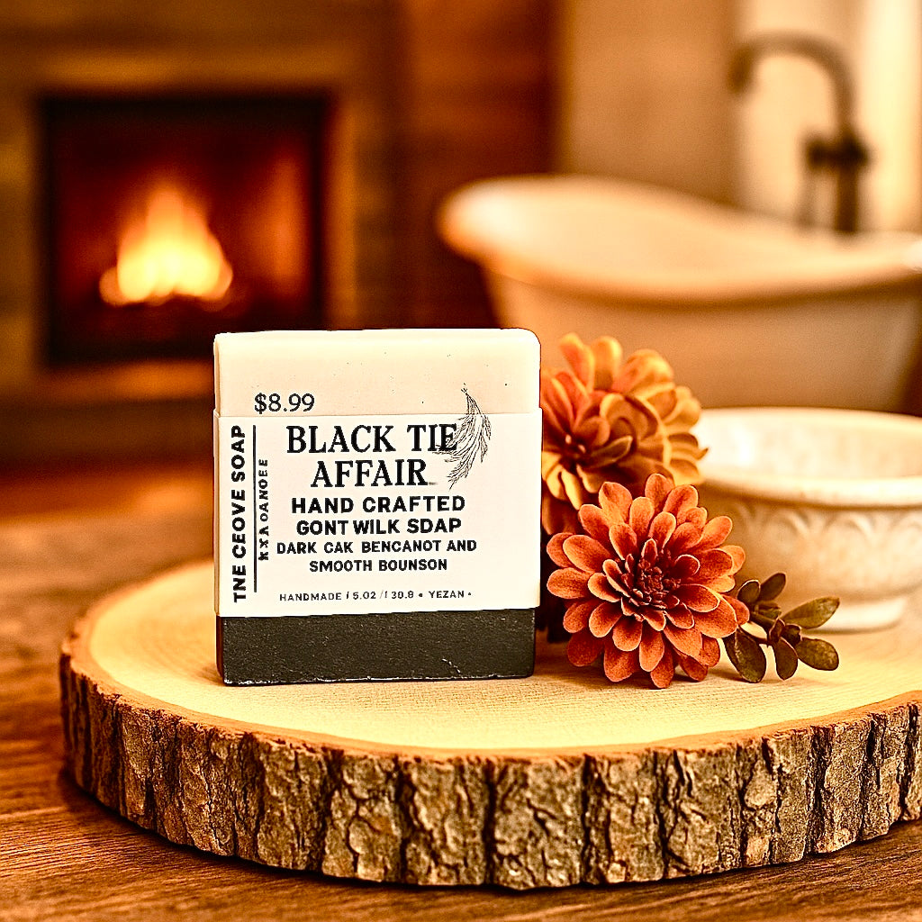 Bar of soap with packaging labeled 'Black Tie Affair' on a wooden surface with decorative elements. Shows the elements of dark oak, bergamot, and bourbon