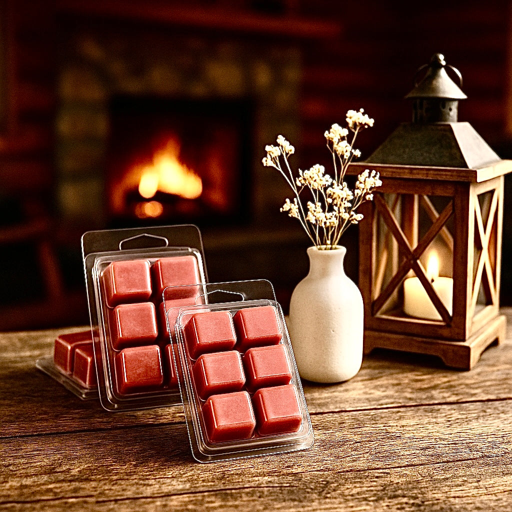 Red wax melts in packaging on a wooden table with a lantern and flowers in the background. Depicting the rustic fragrance of leather and vanilla. 