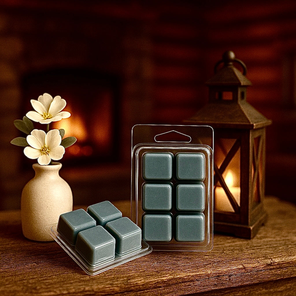 Black Tie Affair Wax melts in packaging with a lantern and flowers on a wooden surface. Scented in dark oak, bergamot, and bourbon. 