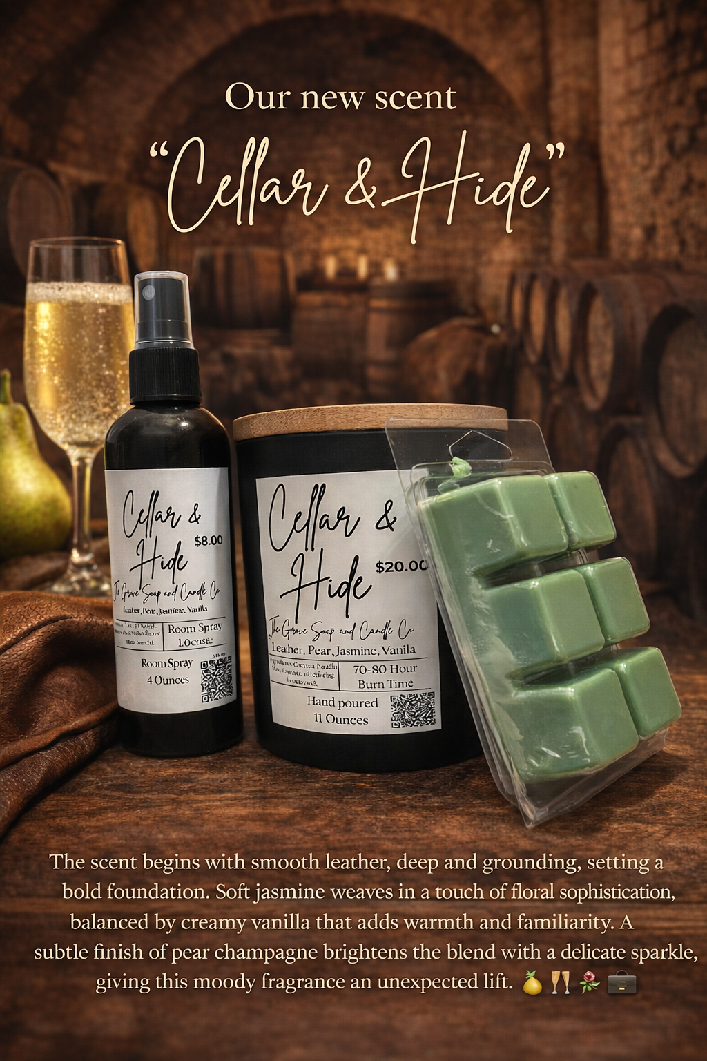 Promotional image of 'Cellar & Hide' product set with bottle, container, and wax melts in a wine cellar setting.