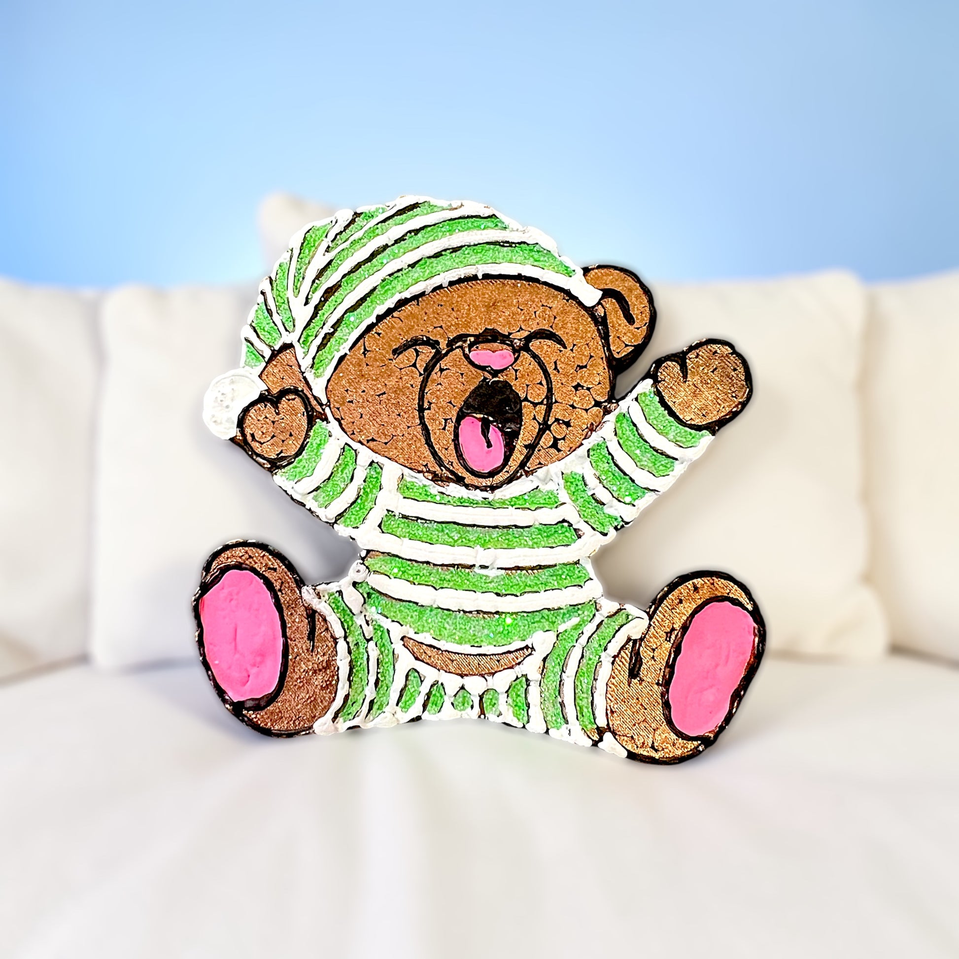 Dreamy bear car freshie. Green glitter pajamas trimmed in white. 