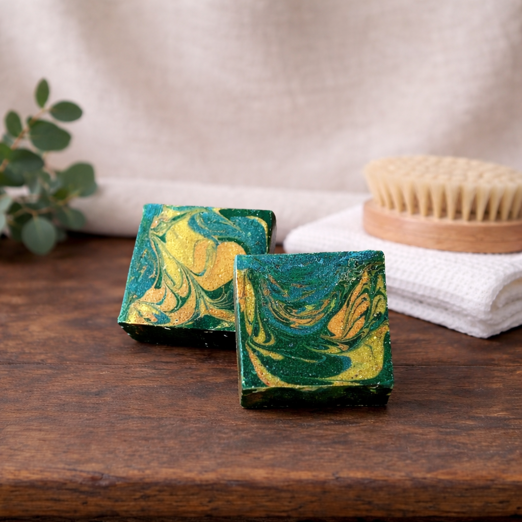 Breakfast at the Barn Goat MIlk Soap. A swirl of green, yellow, blue, and orange soaped swirled together and sitting on a wooden table. A linen background with a folded white towel and brush in the background. 