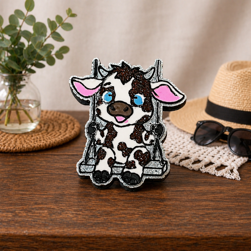 Cow shaped car freshie in white with brown glitter on a swing