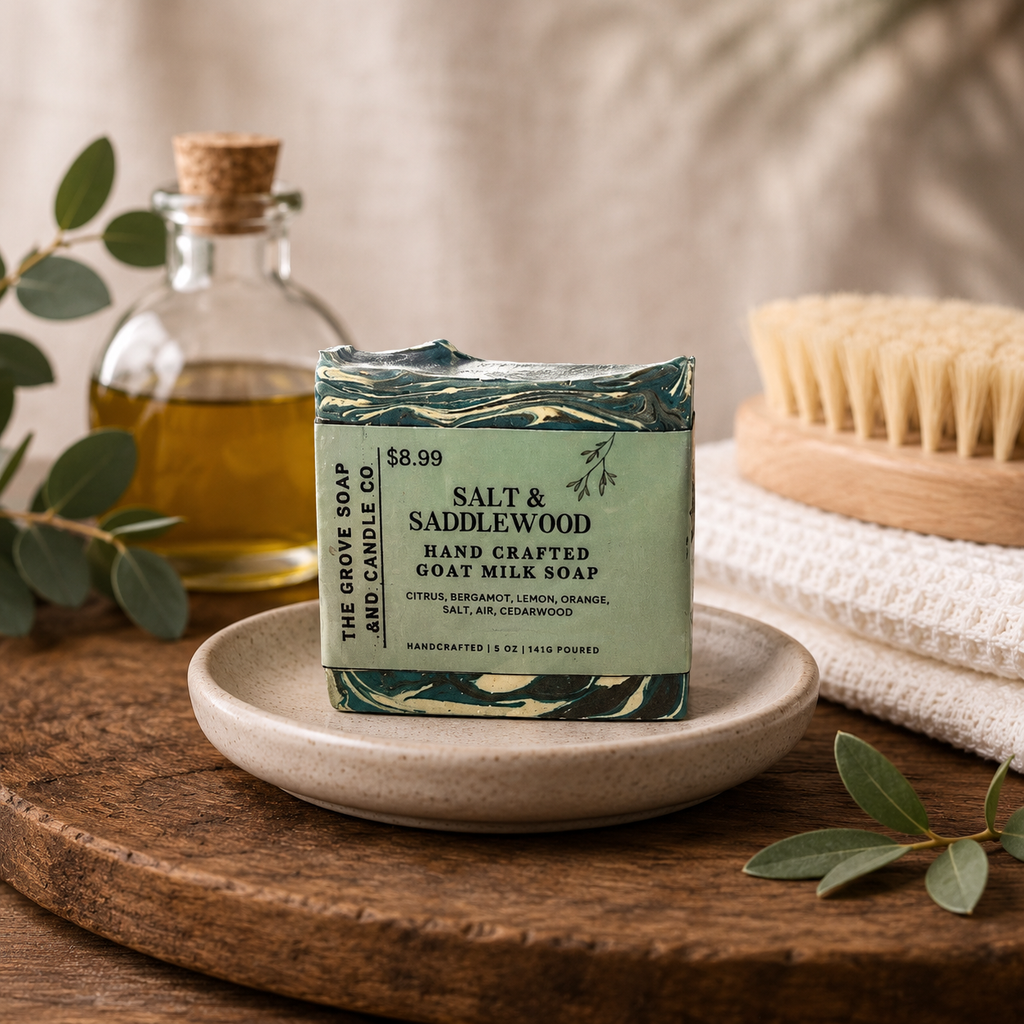Bar of Salt & Saddlewood Goat Milk soap on a stone plate, surrounded by natural items like a bottle and brush. Blue, white, and brown swirls. 