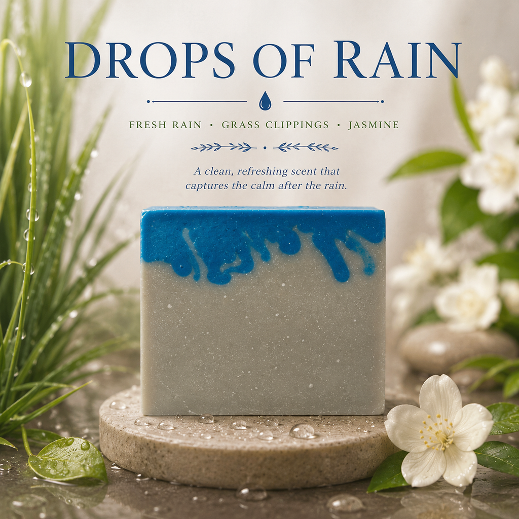 Bar of soap with blue accents on a stone surface surrounded by plants and flowers, with text 'DROPS OF RAIN' above.