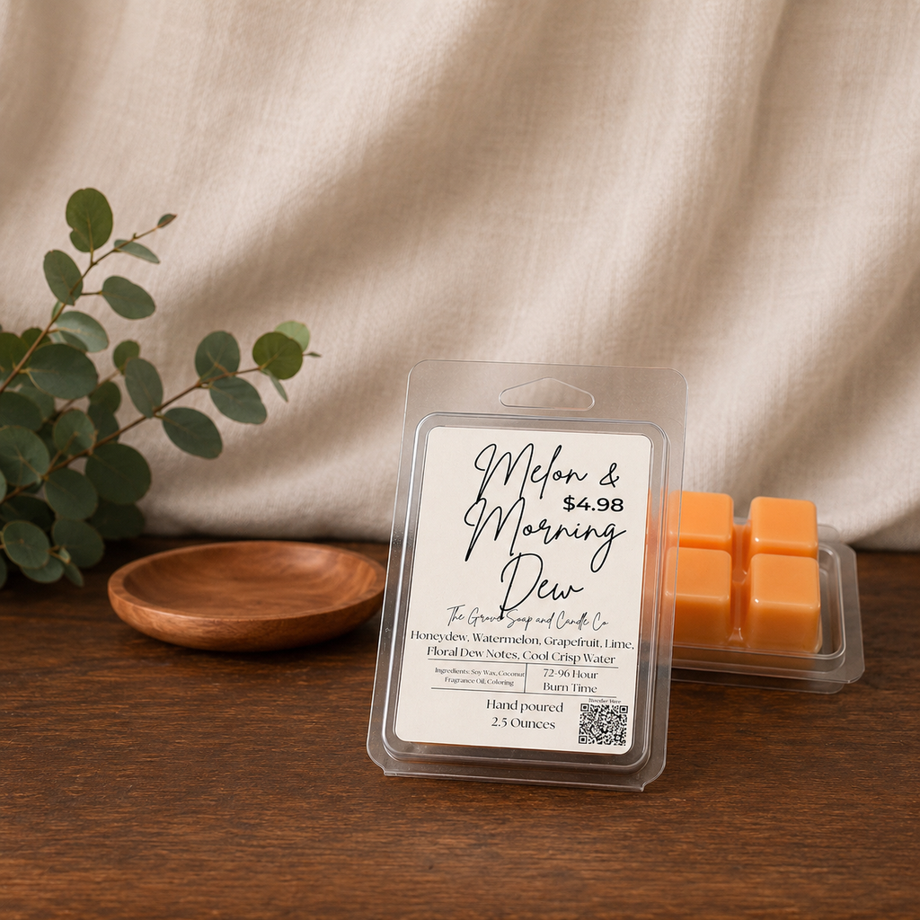 Packaged orange wax melts with a label  of Melon & Morning Dew on a wooden surface with a plant in the background