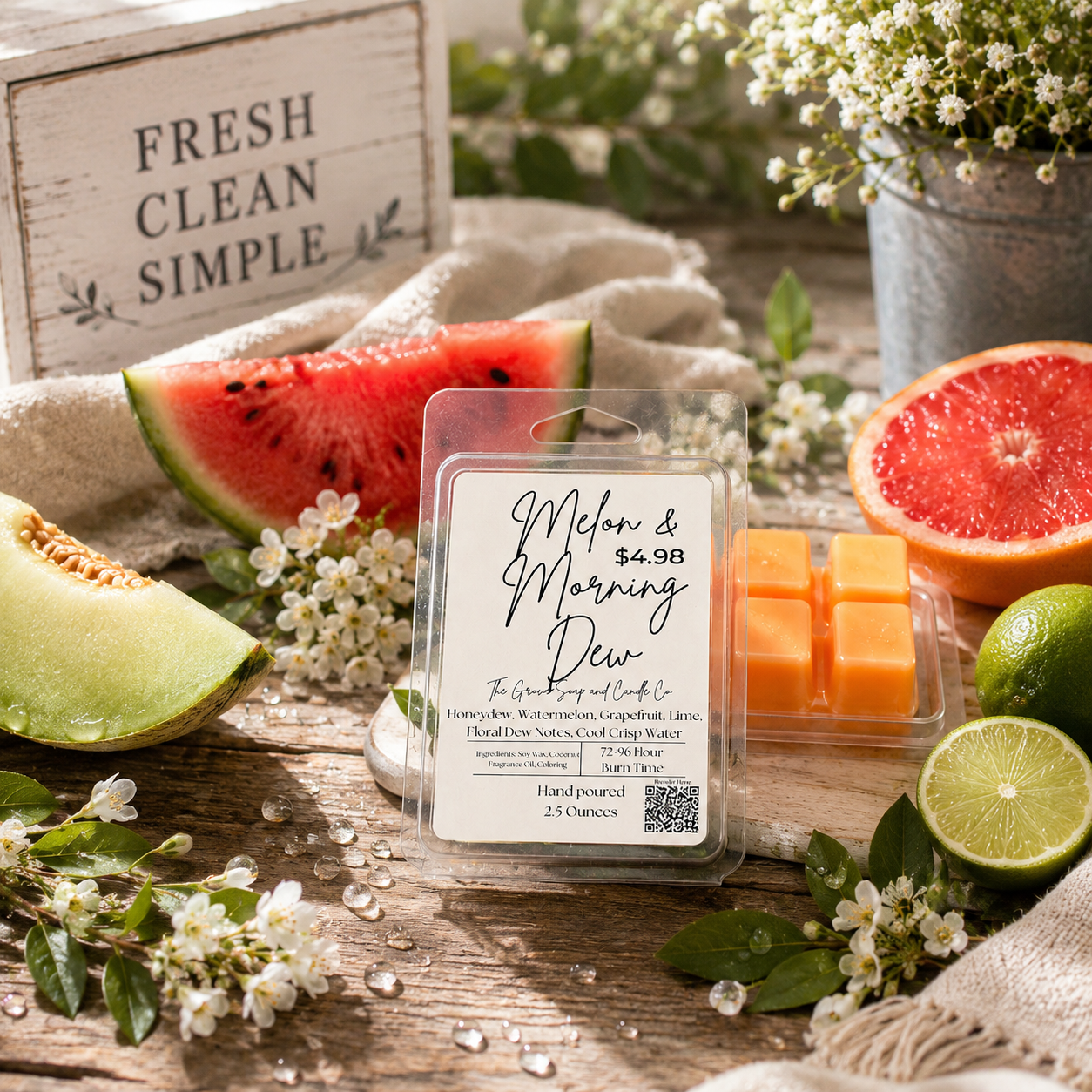 Packaged wax melts with melon and morning dew scent on a wooden surface showing its scent profile of watermelon, honeydew, grapefruit, and flowers. 