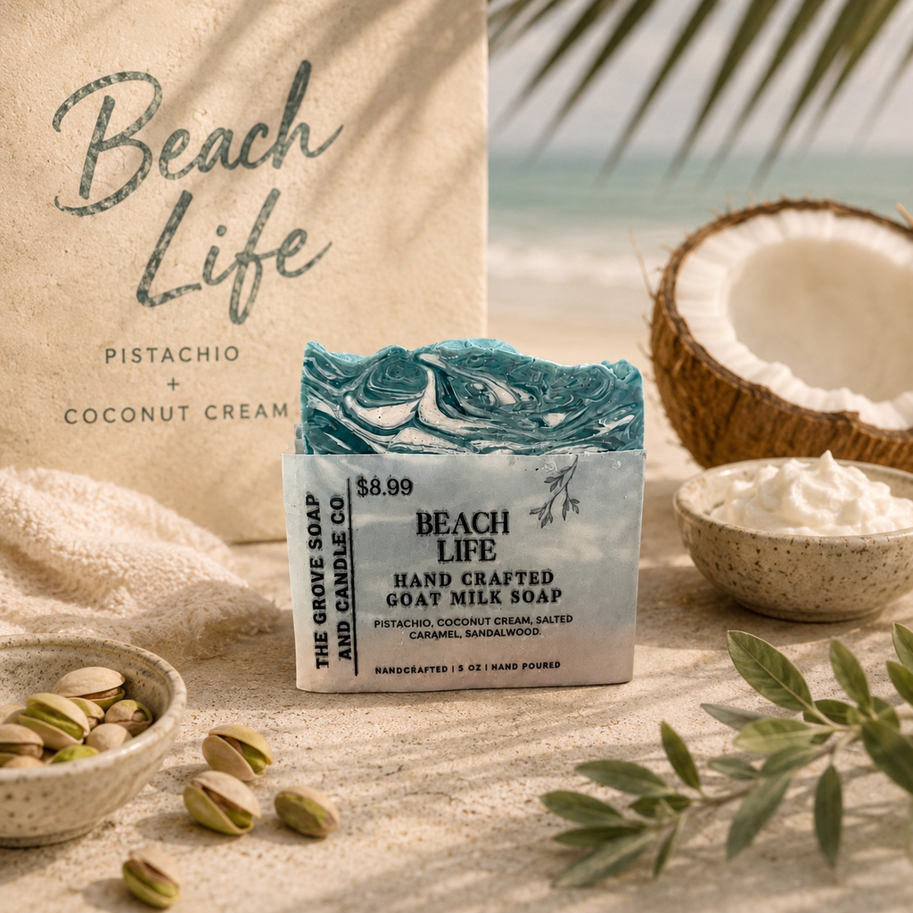 Beach Life goat milk soap on a beach with pistachios and coconut milk