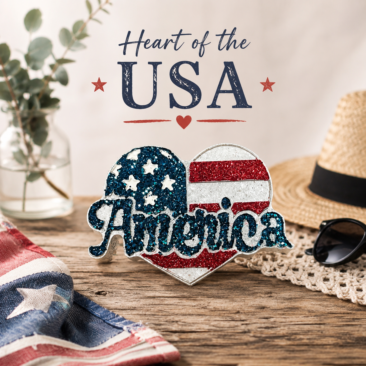 Heart of the USA glittered car freshie. Hand painted and sitting on a wooden table with a hat and sunglasses and an American flag draped on the table. 