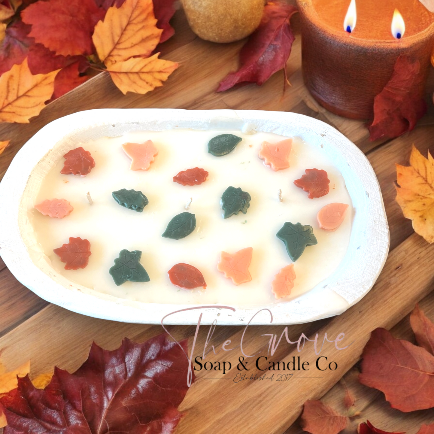 Dough bowl candle-3 wick-hand carved wooden decor