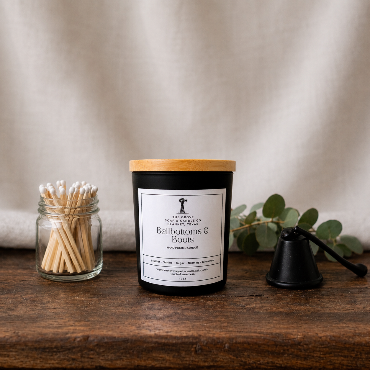 Bellbottoms and Boots Candle|Hand-Poured Leather & Vanilla Candle| Rustic Scented Wooden Wick Candle