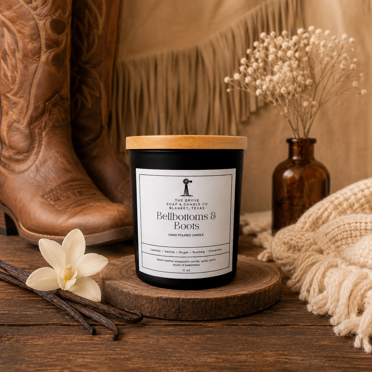 Bellbottoms and Boots Candle|Hand-Poured Leather & Vanilla Candle| Rustic Scented Wooden Wick Candle