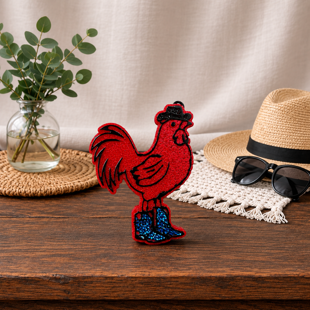 Red rooster car freshie with blue glitter western boots and a black glitter cowboy hat on a wooden table.