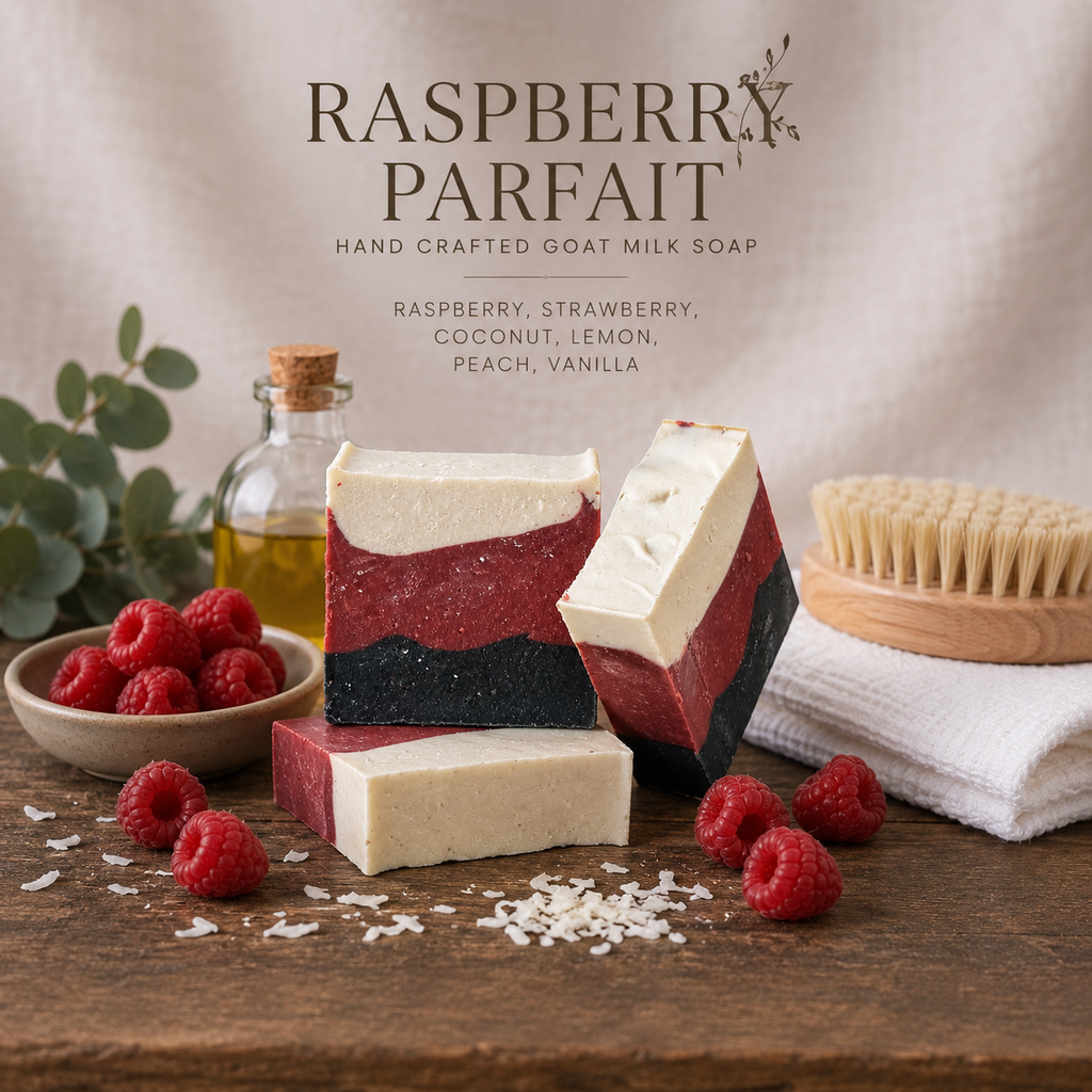 Handcrafted goat milk soap with raspberry parfait flavor on a wooden surface with raspberries and a towel.