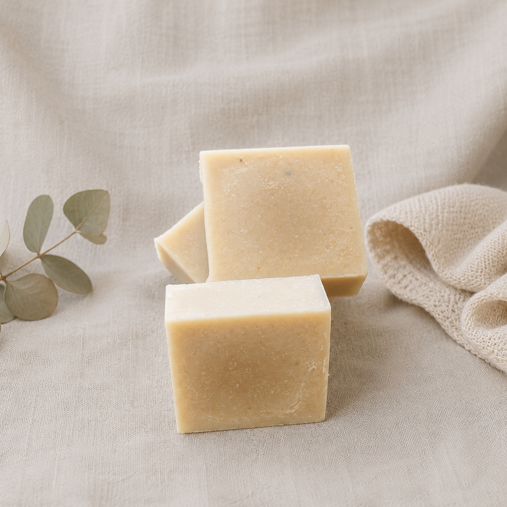 A stack of white goat milk soap bars showing no color and pure soap