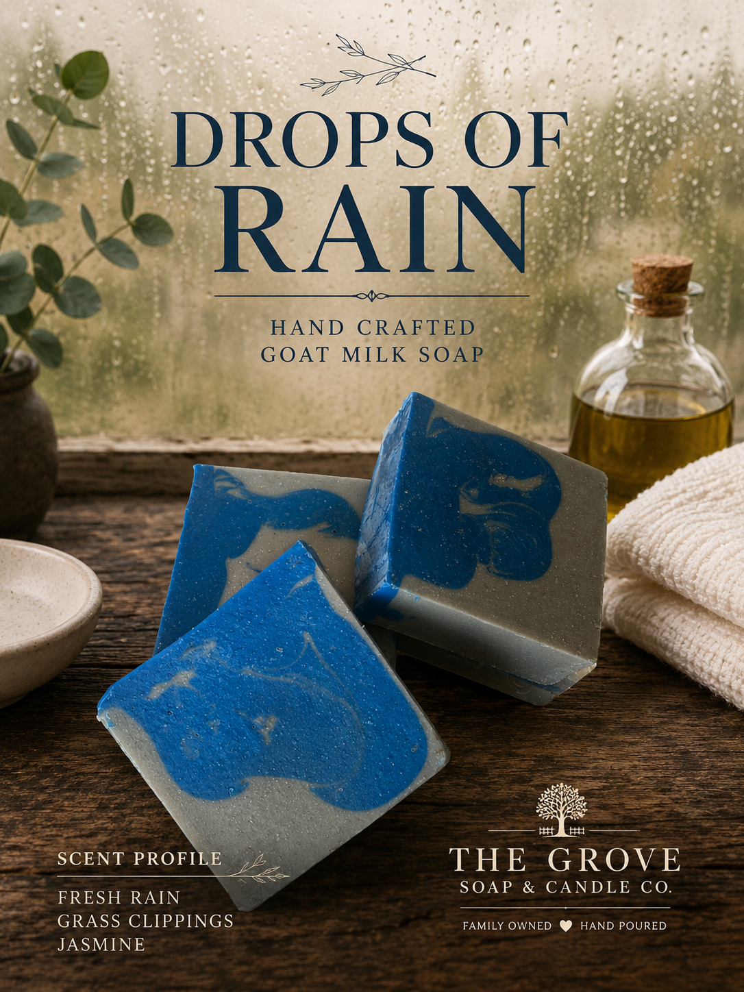 Handcrafted goat milk soap with blue accents on a wooden surface, featuring 'Drops of Rain' by The Grove Soap & Candle Co.