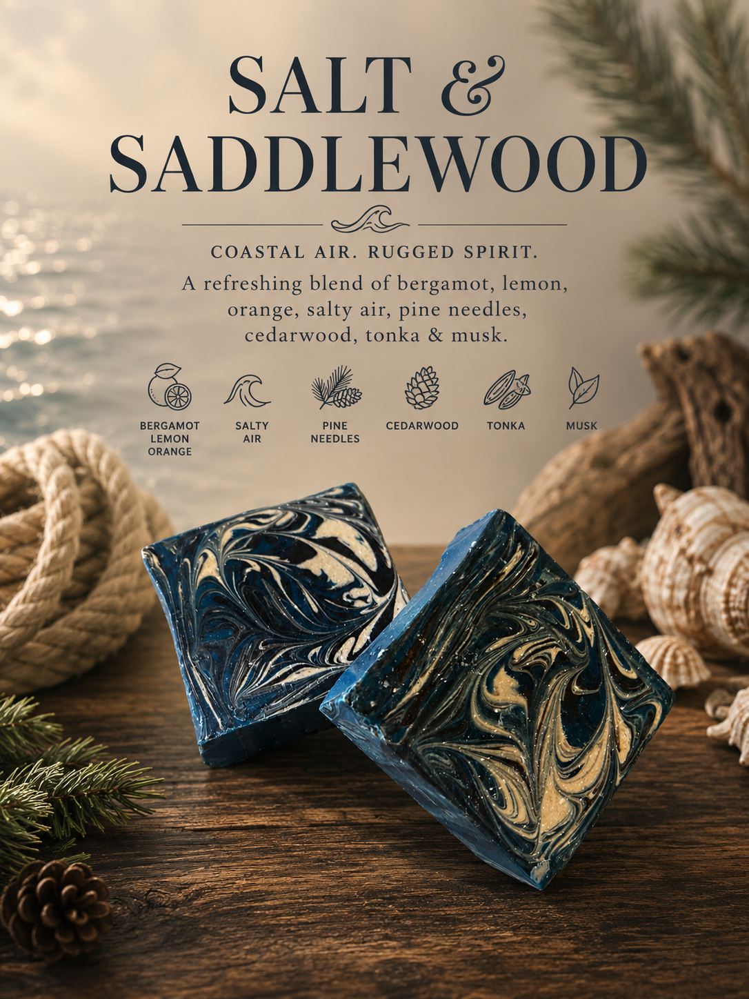 Two marbled blue and white soap bars on a wooden surface with a coastal theme.