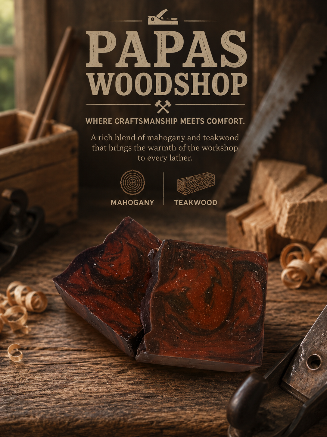 Advertisement for Papas Woodshop with wooden blocks and tools on a rustic background