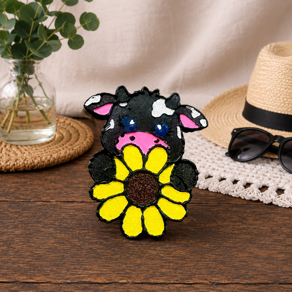 A hand-painted cow car freshie holding a yellow sunflower, displayed on a wooden table with a straw hat, sunglasses, and a glass vase in the background.