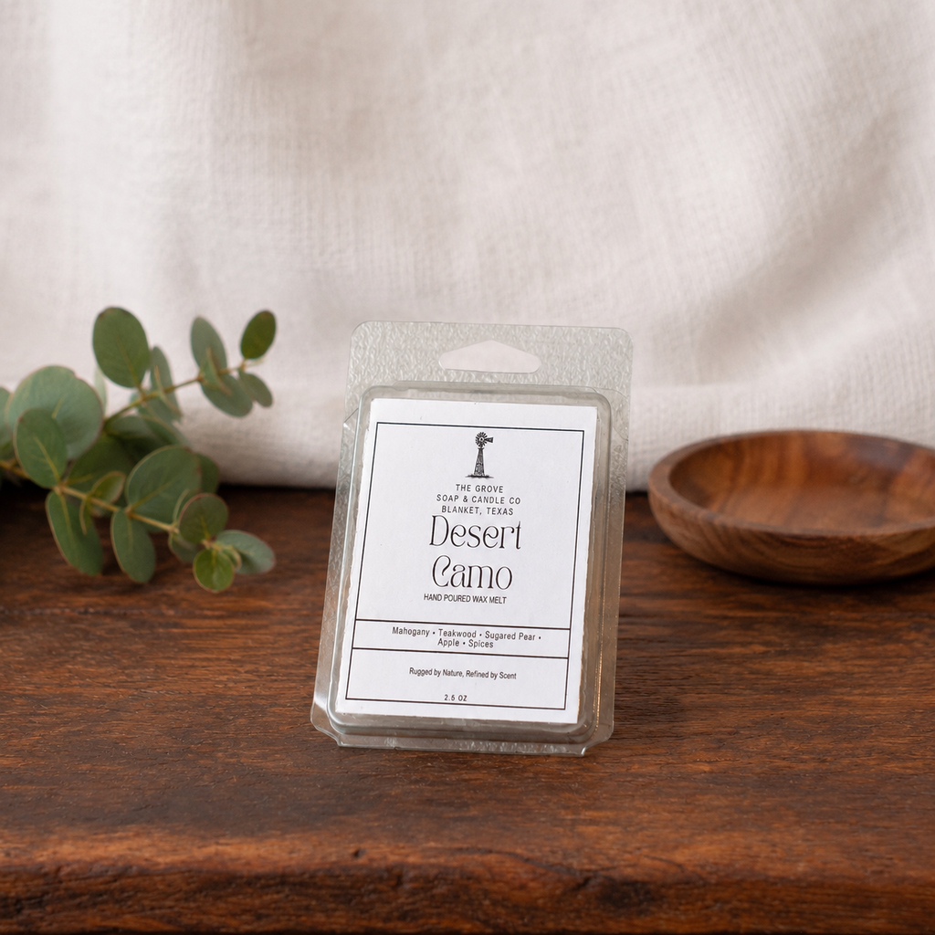 Desert Camo Wax melts sitting on a wooden table with a linen background